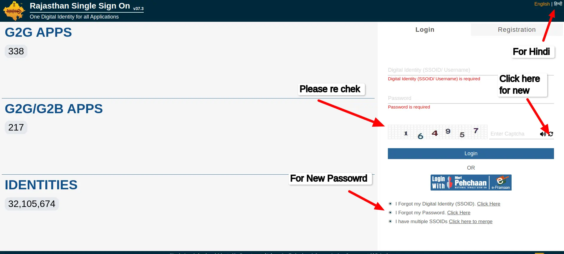 Rajasthan SSO login portal screenshot